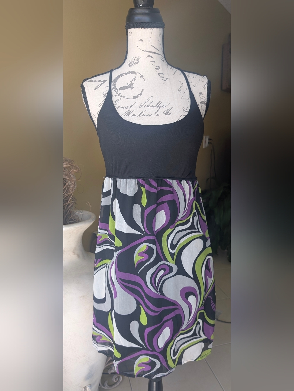Black Tank Top Dress with Purple, White & Lime Swirl Skirt Size Medium